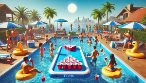 People playing in pool with an inflatable pong table.