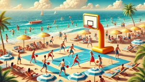 Inflatable basketball hoop on the beach.