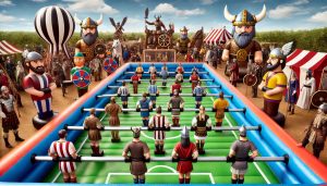 human foosball inflatable with historical characters.