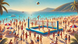 People on beach with an inflatable volleyball net.